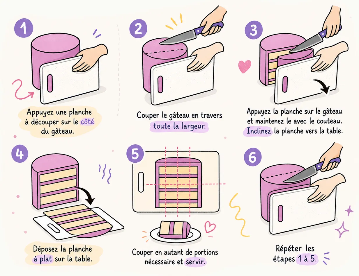 Les six étapes pour couper un gâteau à étages, illustrées.