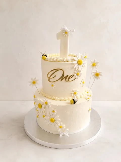 Gâteau d'anniversaire à deux étages, marguerites et abeilles en pâte à sucre