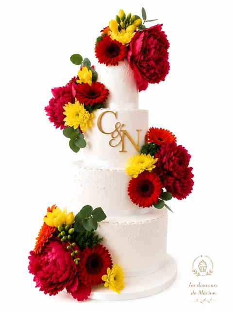 Wedding cake blanc à quatre étages et fleurs rouges